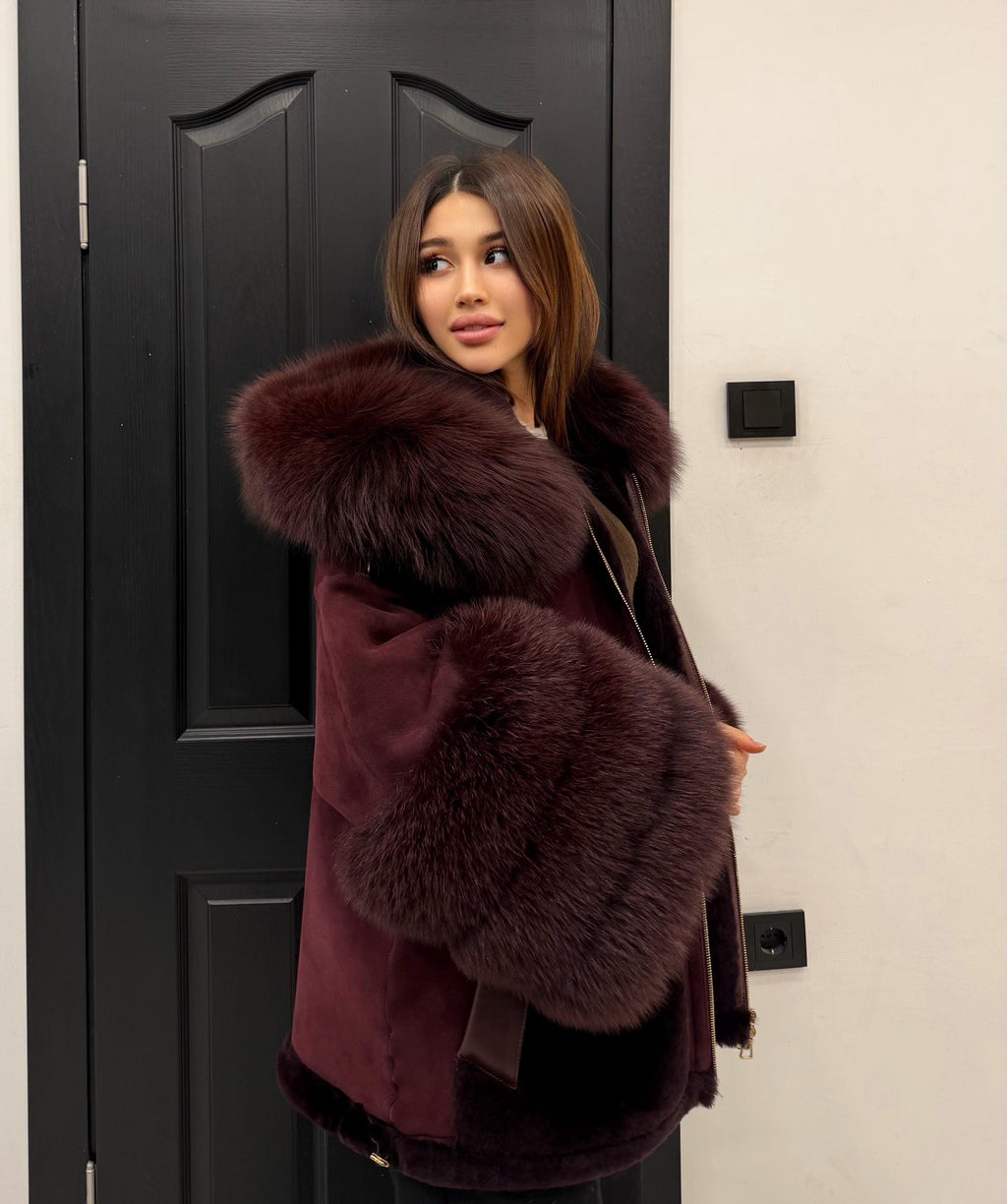 Burgundy Lamb Fur Jacket | Hooded Shearling Jacket | Hood & Cuffs Huge Fox Fur Jacket