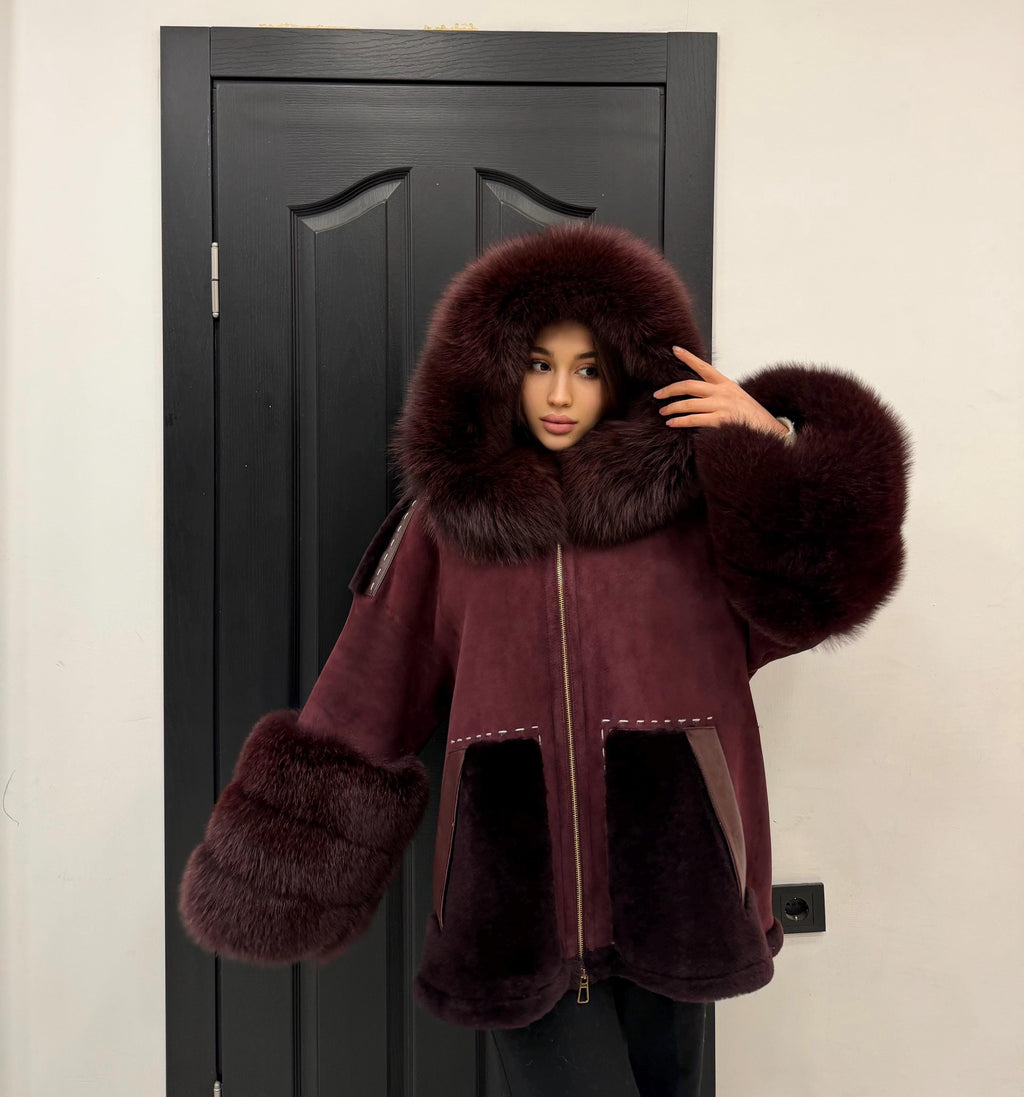 Burgundy Lamb Fur Jacket | Hooded Shearling Jacket | Hood & Cuffs Huge Fox Fur Jacket