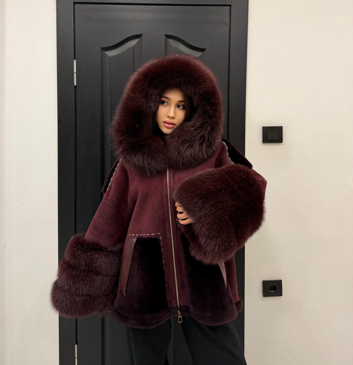Burgundy Lamb Fur Jacket | Hooded Shearling Jacket | Hood & Cuffs Huge Fox Fur Jacket