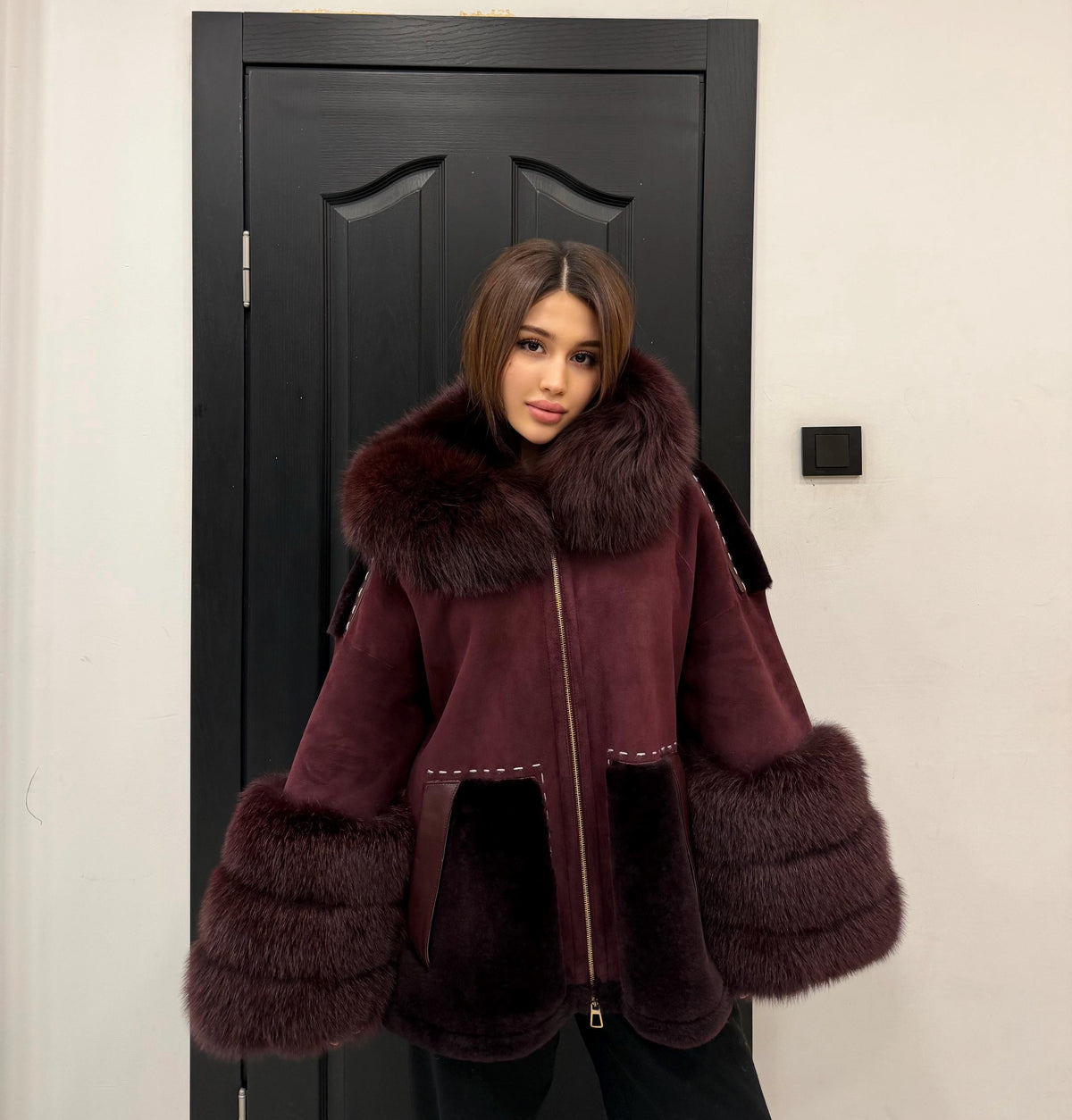 Burgundy Lamb Fur Jacket | Hooded Shearling Jacket | Hood & Cuffs Huge Fox Fur Jacket