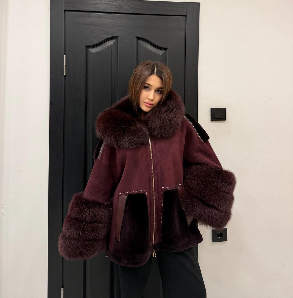 Burgundy Lamb Fur Jacket | Hooded Shearling Jacket | Hood & Cuffs Huge Fox Fur Jacket