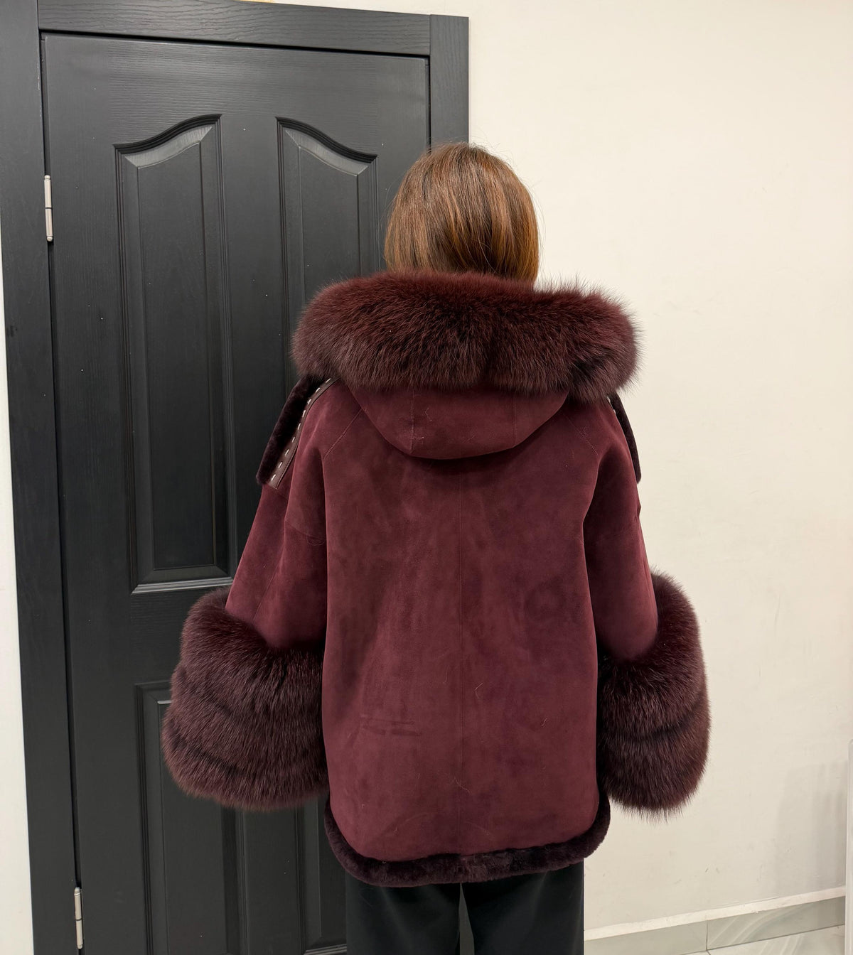 Burgundy Lamb Fur Jacket | Hooded Shearling Jacket | Hood & Cuffs Huge Fox Fur Jacket