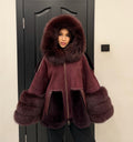 Burgundy Lamb Fur Jacket | Hooded Shearling Jacket | Hood & Cuffs Huge Fox Fur Jacket