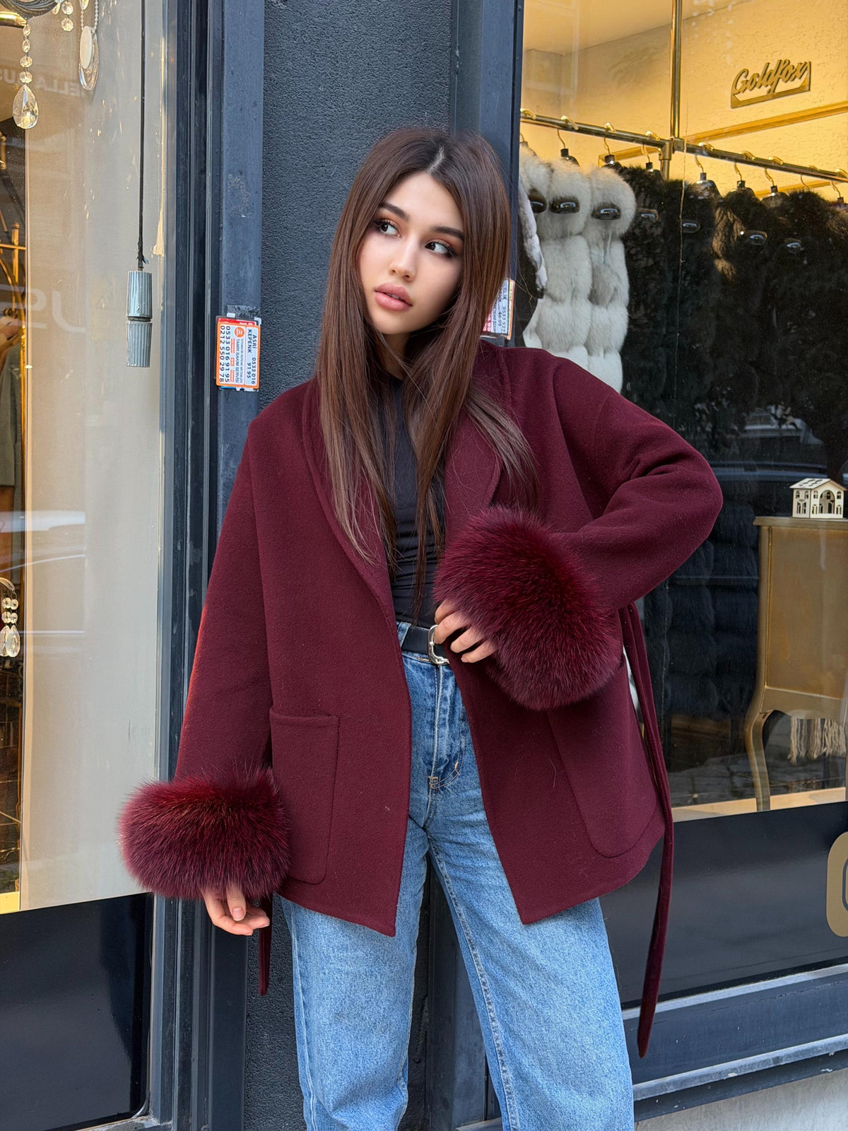 Burgundy Short Alpaca Wool Coat . Women Cuffs Fox Fur Jacket