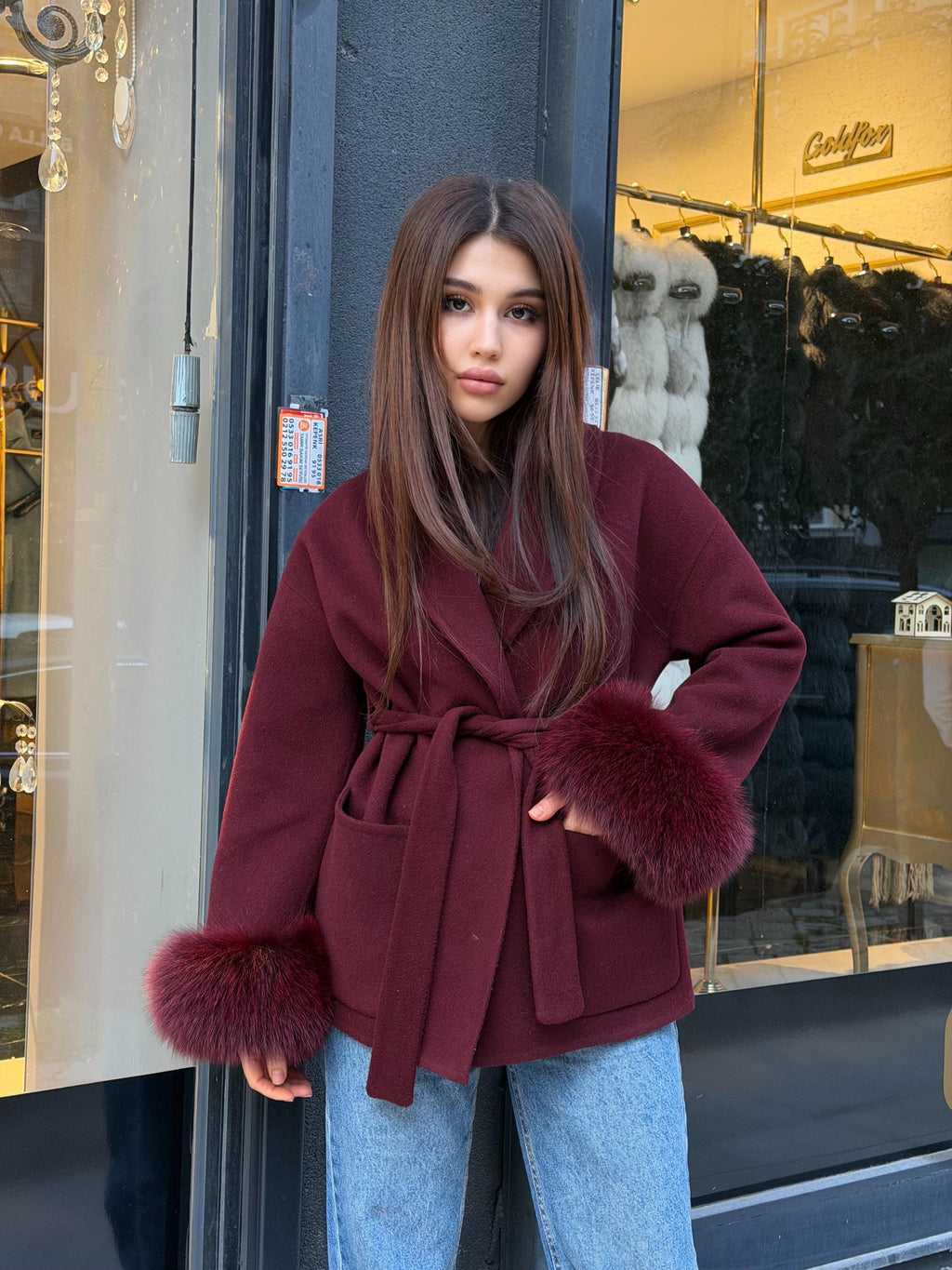 Burgundy Short Alpaca Wool Coat . Women Cuffs Fox Fur Jacket