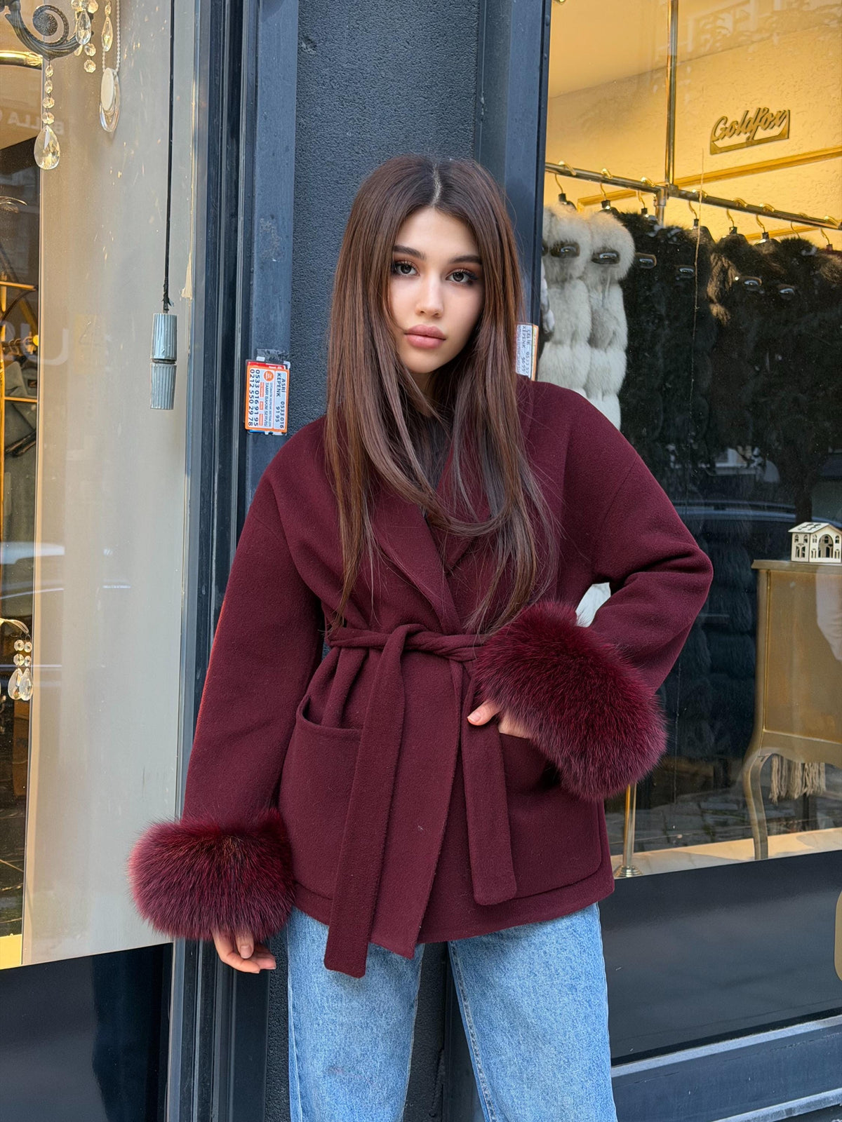 Burgundy Short Alpaca Wool Coat . Women Cuffs Fox Fur Jacket