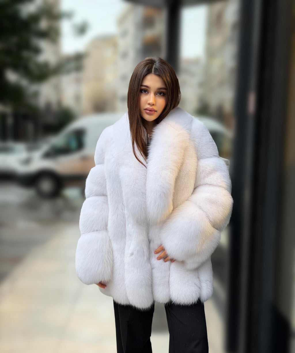 White Arctic Fox Fur Jacket. Womens Shadow White Fox Fur Coat