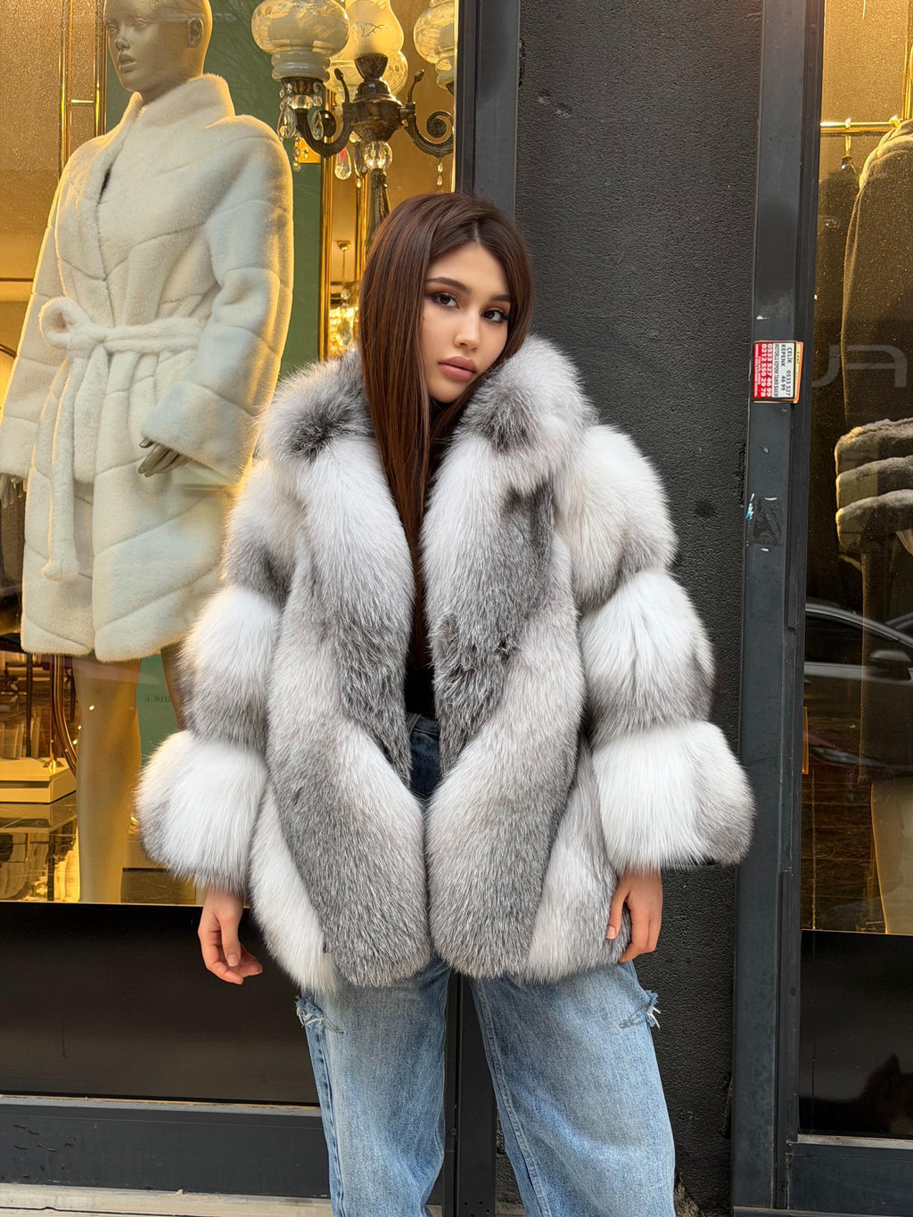 Women’s White Arctic Fox Fur Jacket - Short Belted Batwing Fox Fur Cape