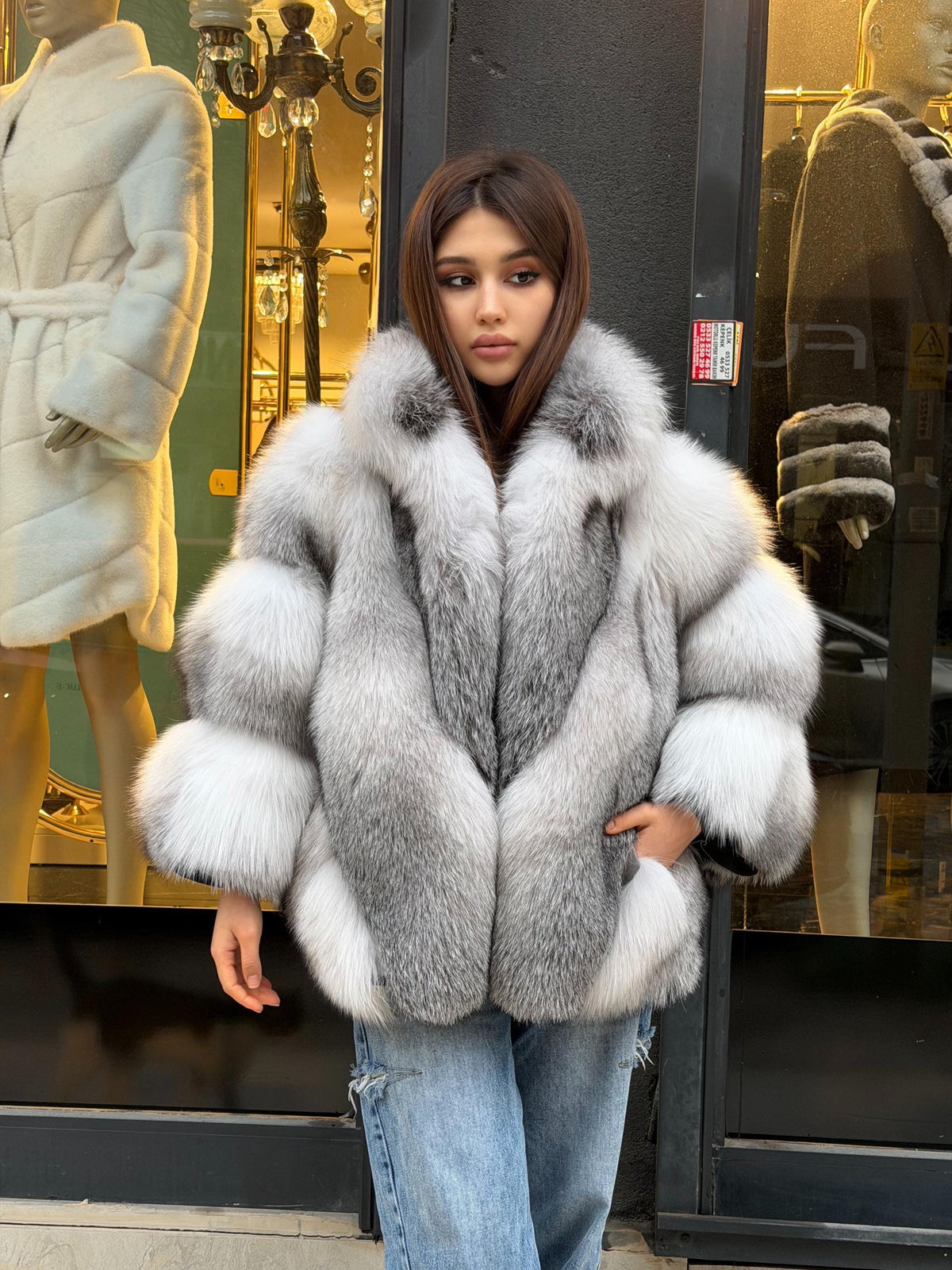 Women’s White Arctic Fox Fur Jacket - Short Belted Batwing Fox Fur Cape