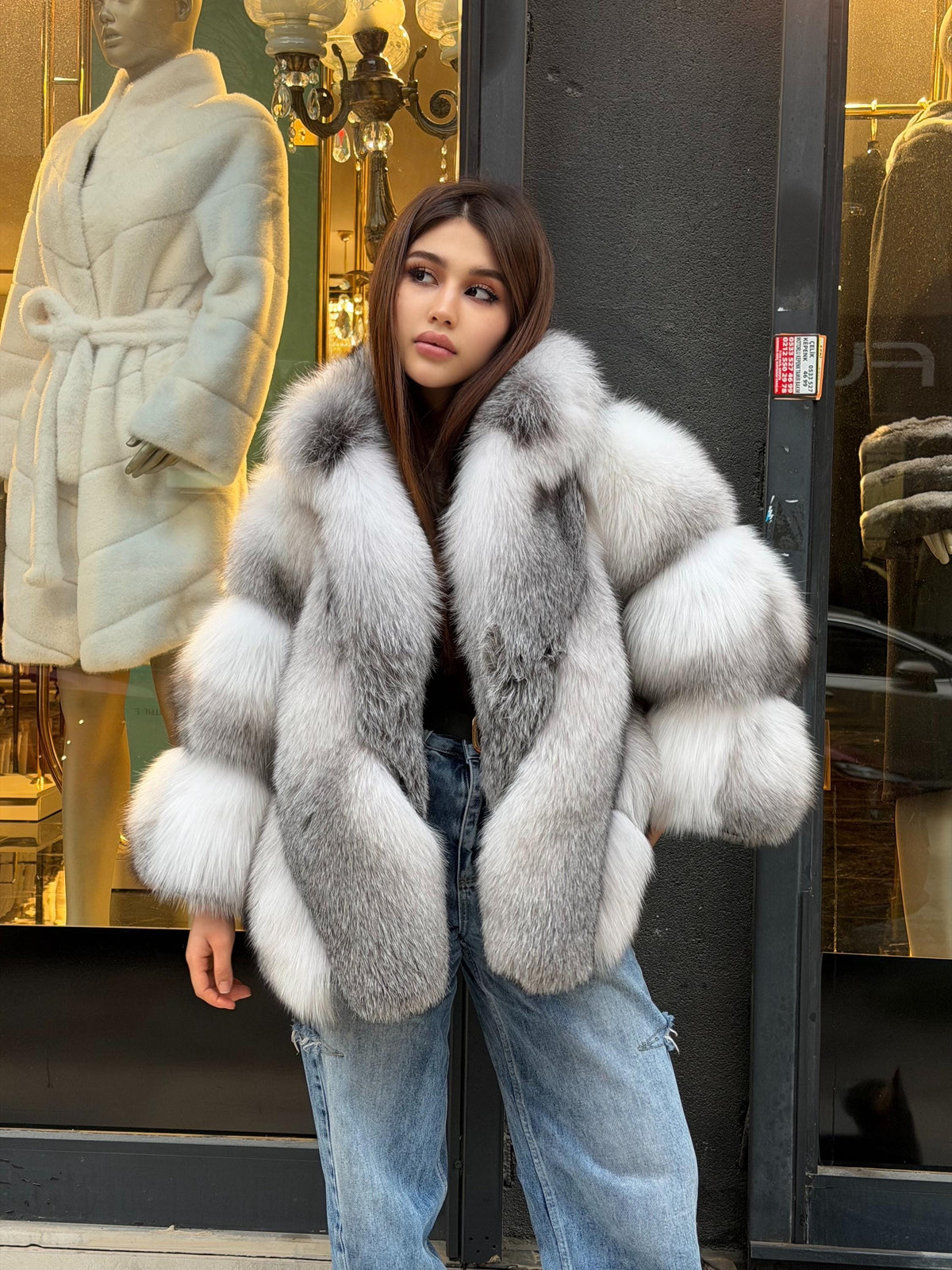 Women’s White Arctic Fox Fur Jacket - Short Belted Batwing Fox Fur Cape