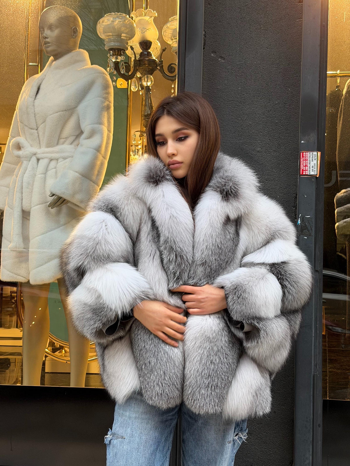 Women’s White Arctic Fox Fur Jacket - Short Belted Batwing Fox Fur Cape