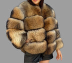 Gold Brown Raccoon Fox Fur Jacket. Short Fox Fur Jacket