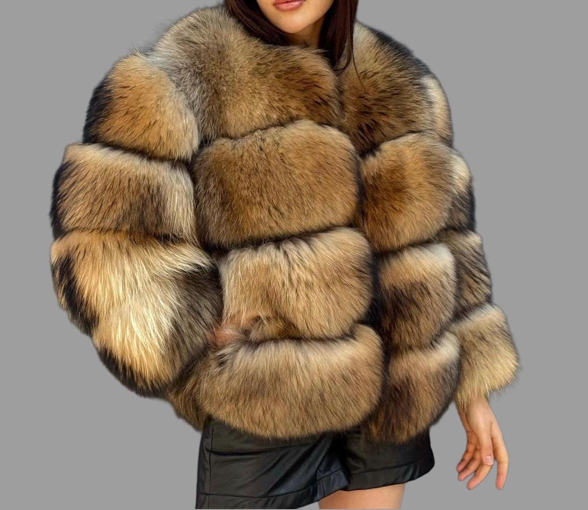 Gold Brown Raccoon Fox Fur Jacket. Short Fox Fur Jacket