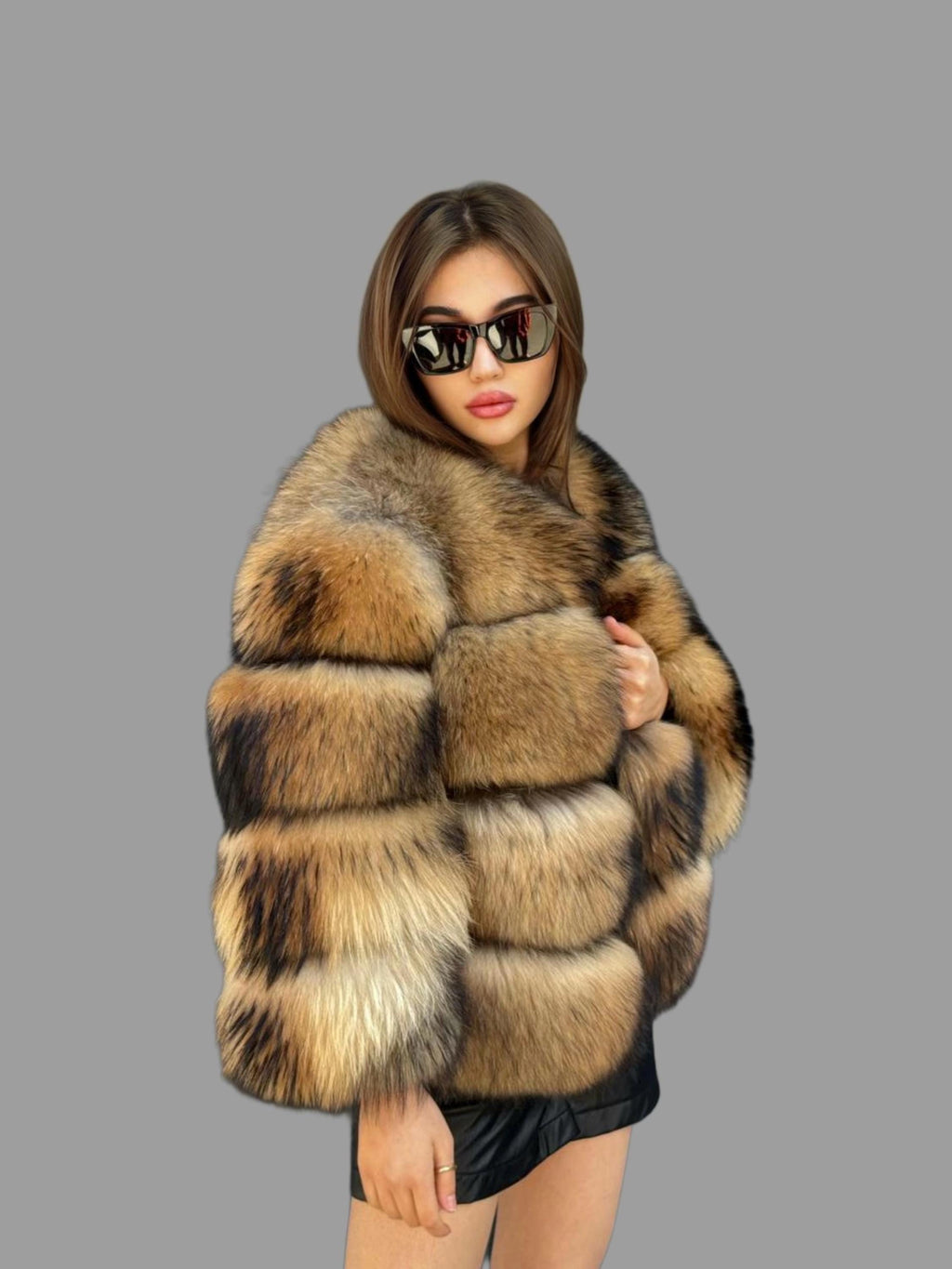 Gold Brown Raccoon Fox Fur Jacket. Short Fox Fur Jacket