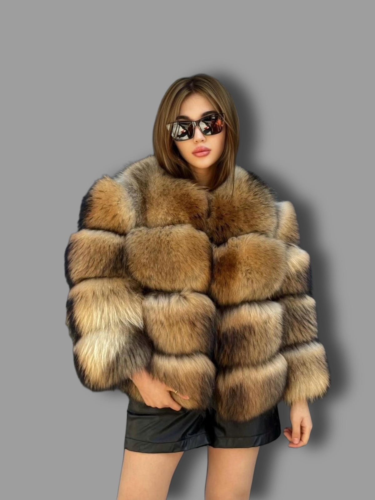 Gold Brown Raccoon Fox Fur Jacket. Short Fox Fur Jacket