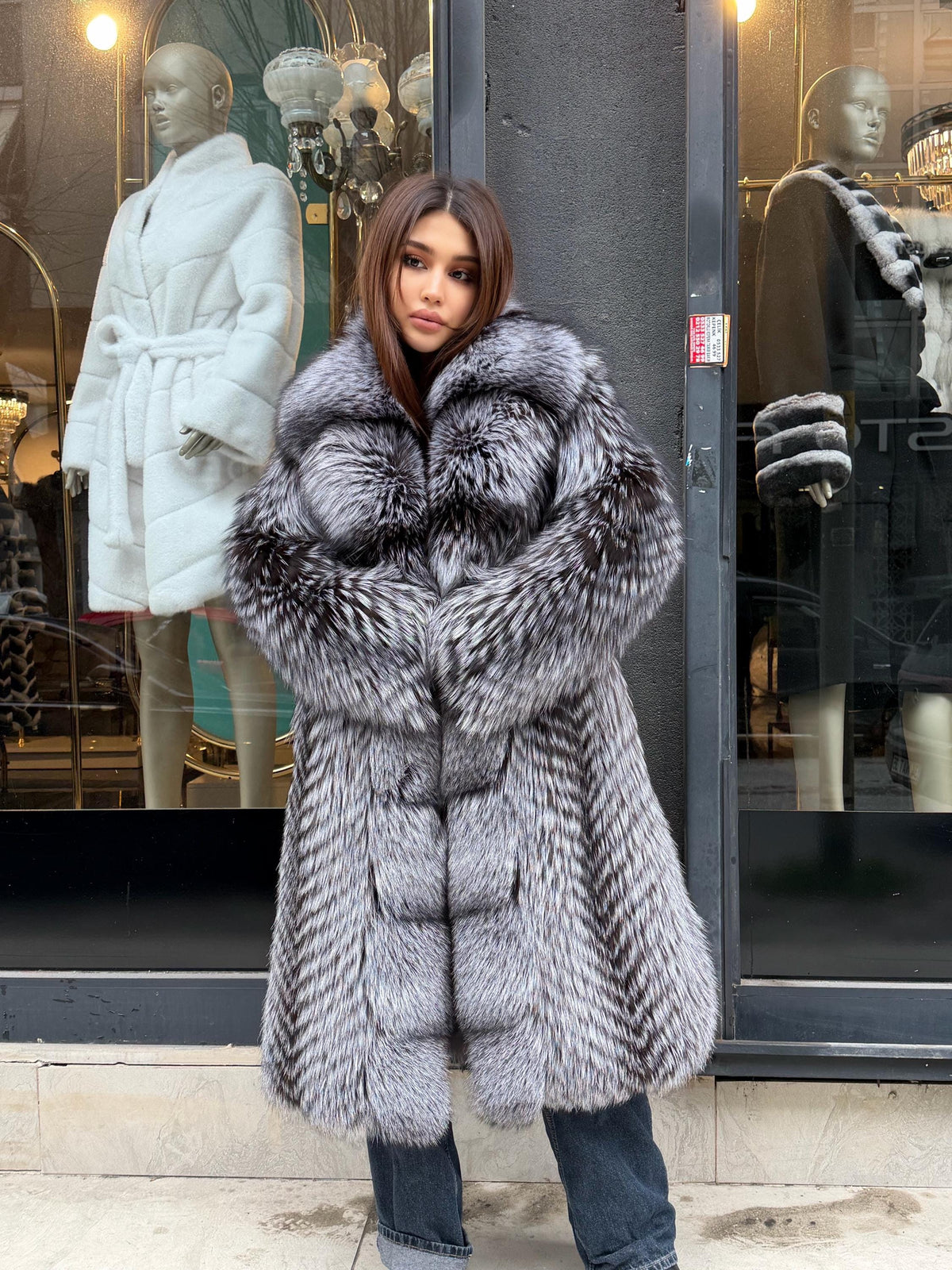 Luxury Silver Frost Fox Fur Coat, Unisex Handmade Winter Long Fox Fur Jacket, Men Fox Fur Coat, Women Fox Fur Jacket