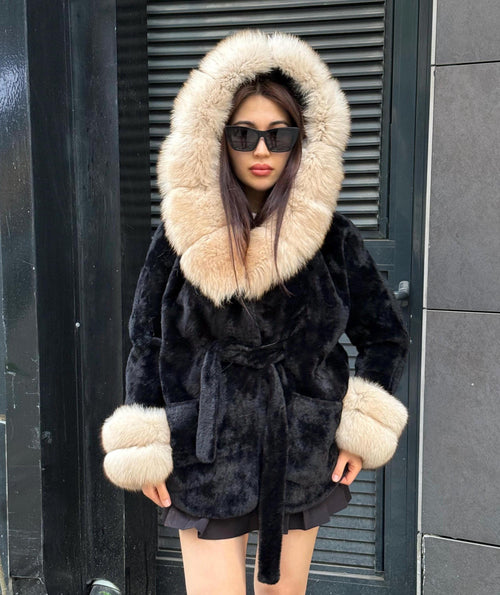 Luxury Black Alcantara Cape Coat with Fox Fur Hood & Cuffs | Women’s Beige Winter Fox Fur Jacket