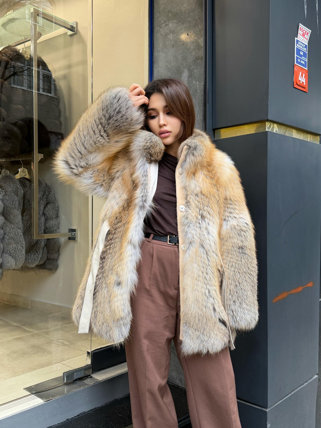 Women’s Golden Fox Fur Coat: Handmade Long Luxury Frost Fox Fur Jacket