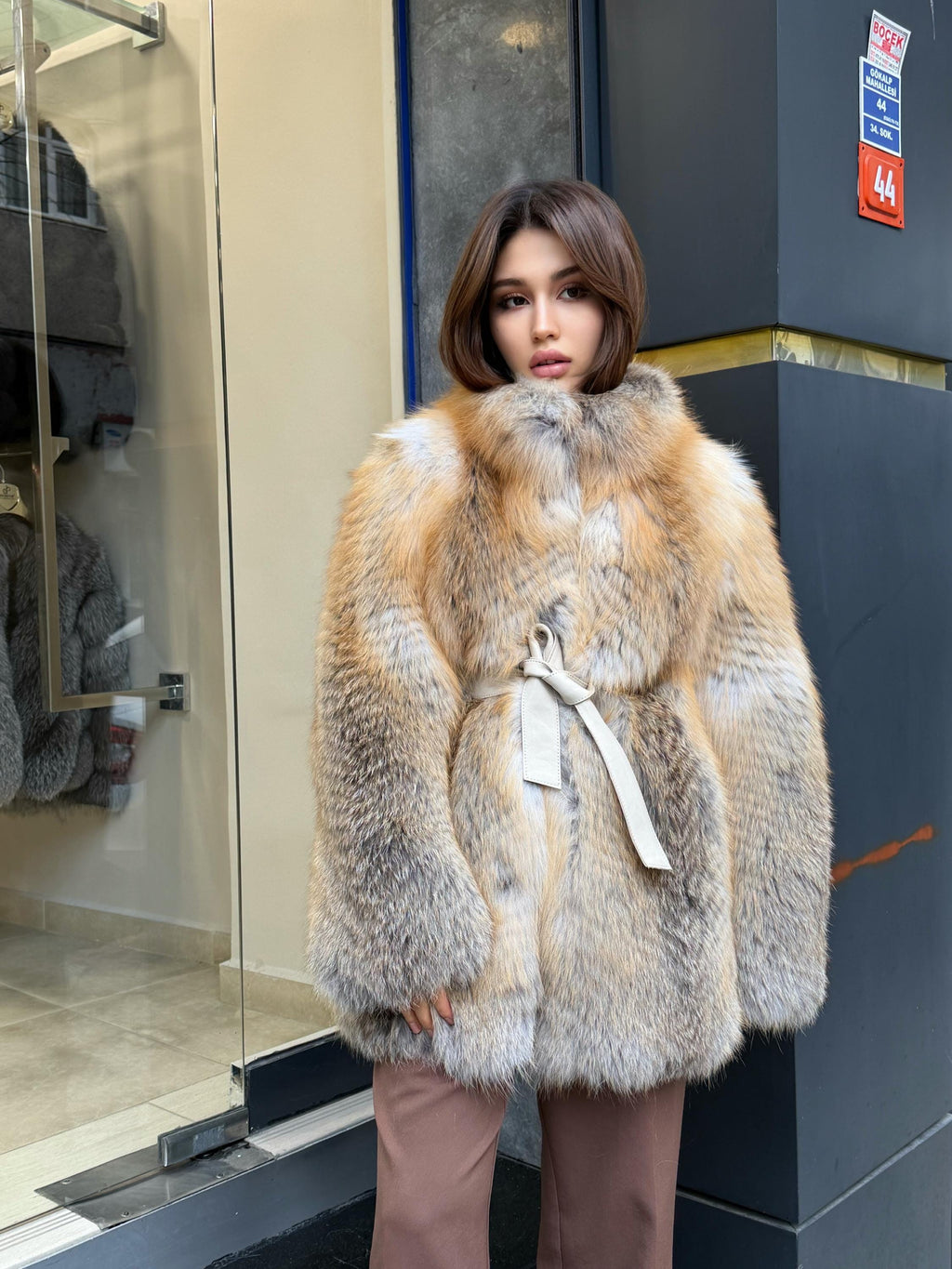 Women’s Golden Fox Fur Coat: Handmade Long Luxury Frost Fox Fur Jacket