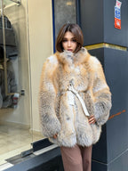 Women’s Golden Fox Fur Coat: Handmade Long Luxury Frost Fox Fur Jacket