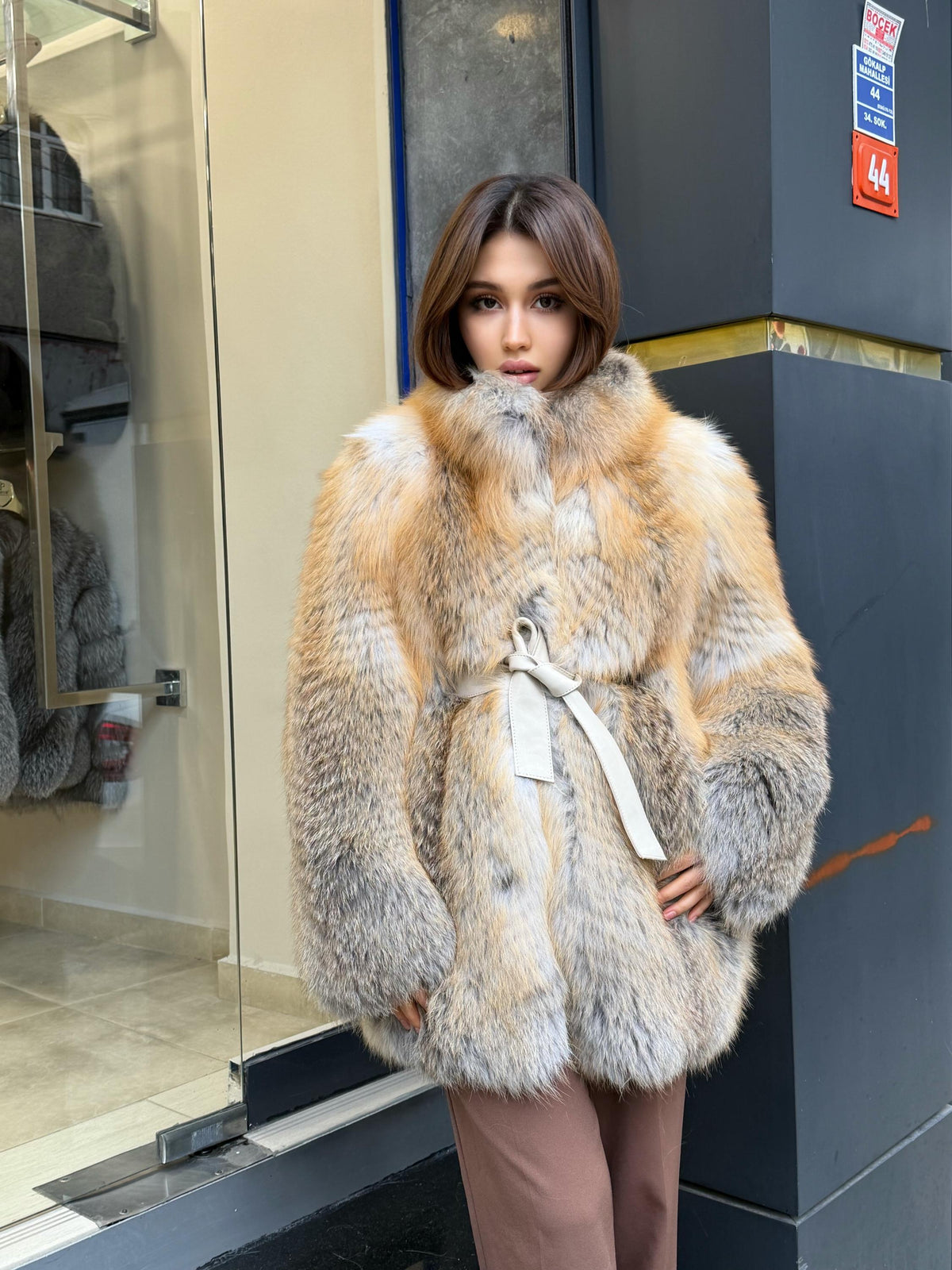Women’s Golden Fox Fur Coat: Handmade Long Luxury Frost Fox Fur Jacket