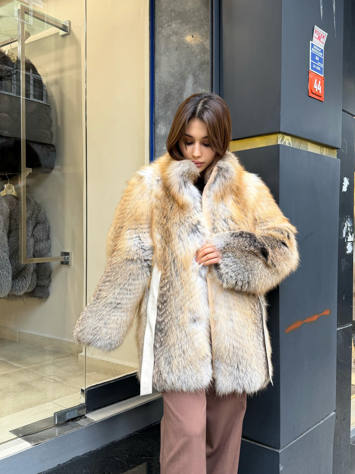 Women’s Golden Fox Fur Coat: Handmade Long Luxury Frost Fox Fur Jacket
