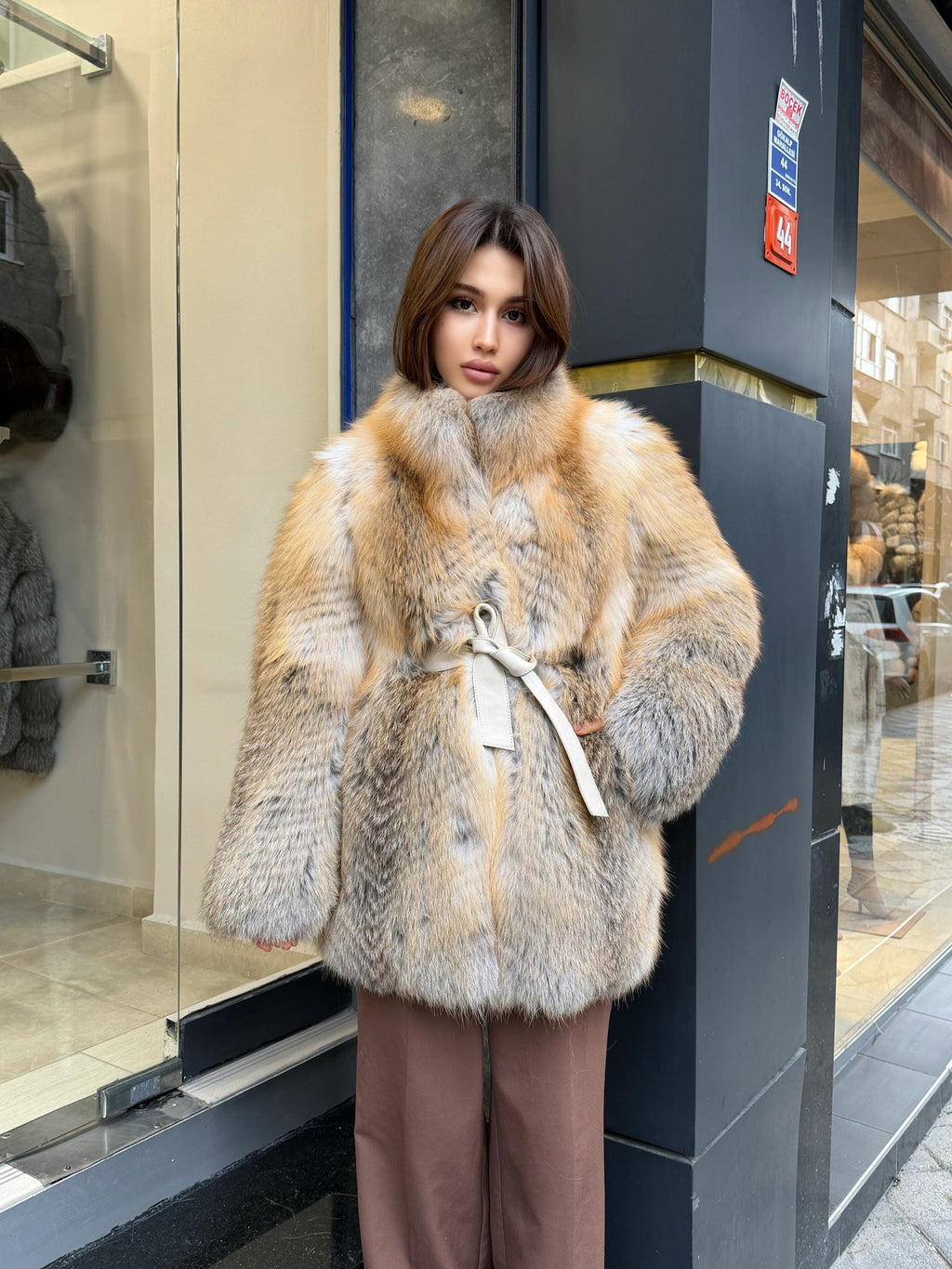 Women’s Golden Fox Fur Coat: Handmade Long Luxury Frost Fox Fur Jacket