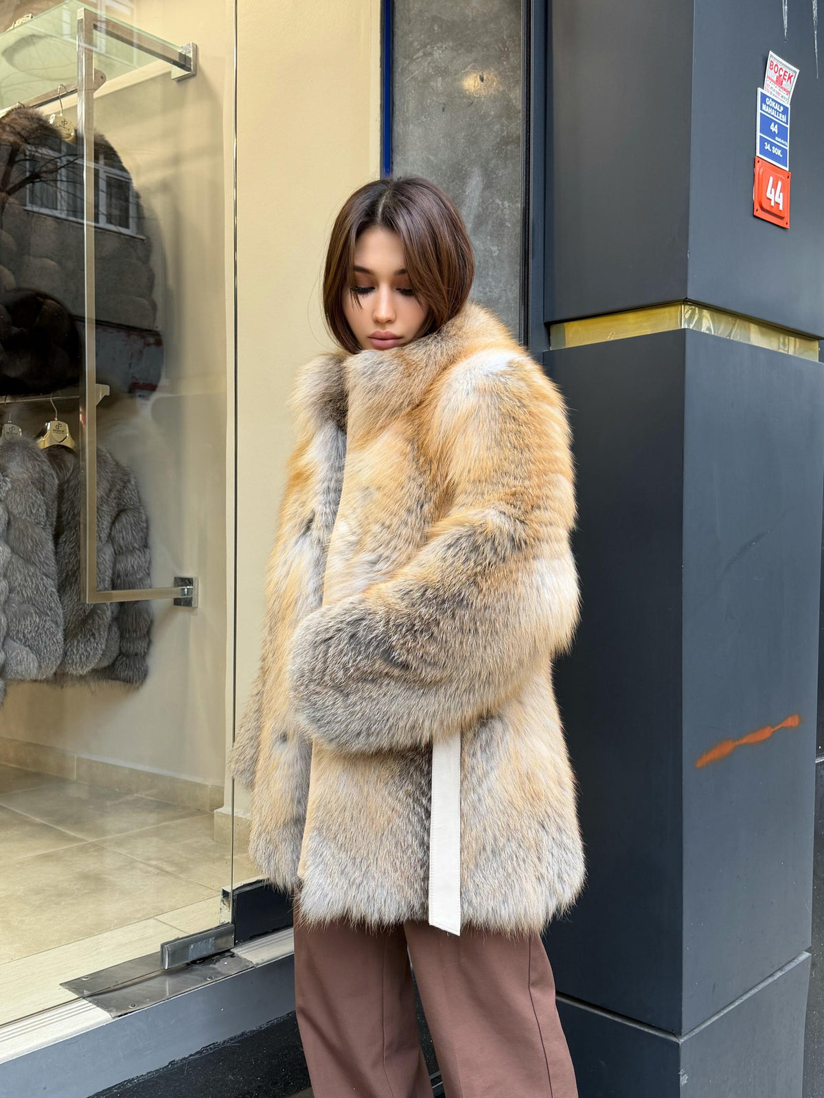 Women’s Golden Fox Fur Coat: Handmade Long Luxury Frost Fox Fur Jacket