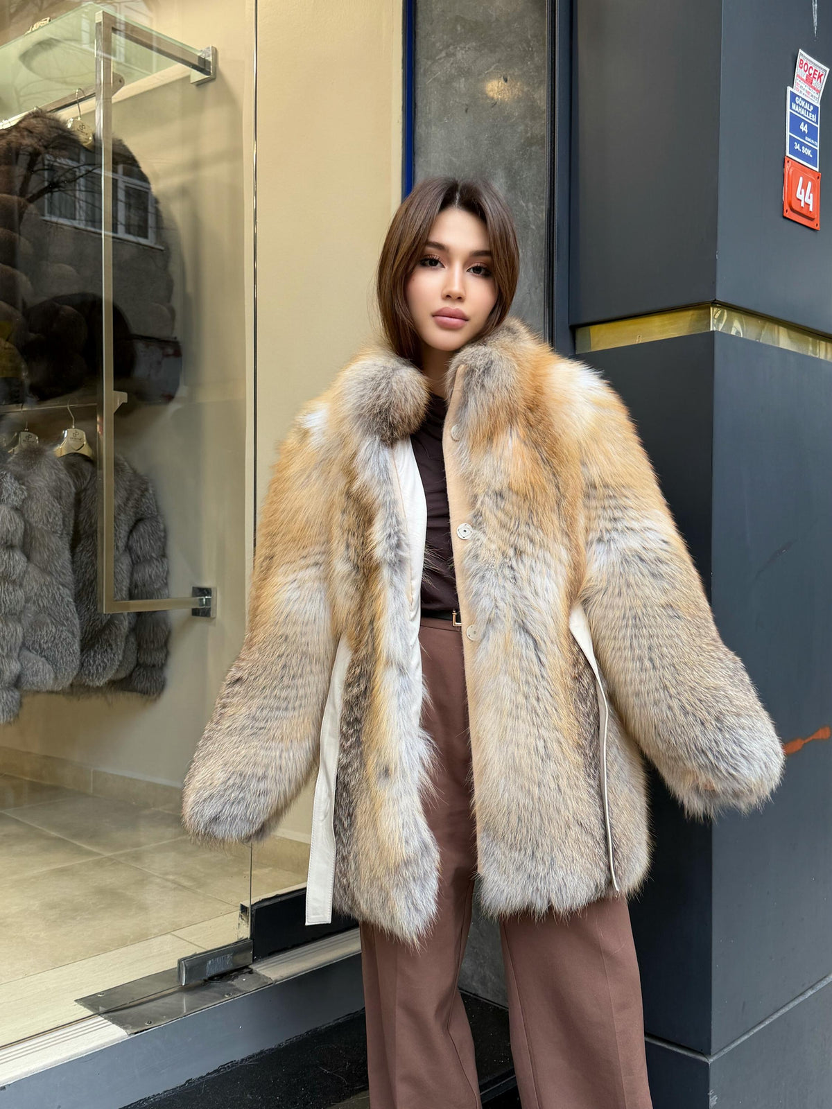 Women’s Golden Fox Fur Coat: Handmade Long Luxury Frost Fox Fur Jacket