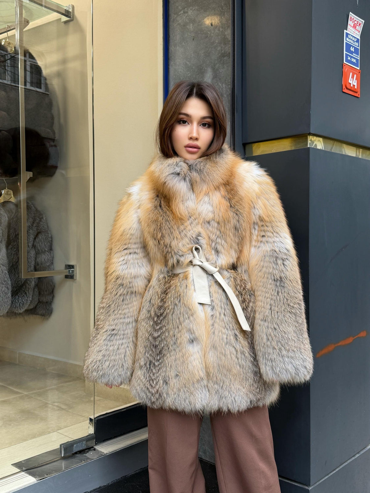 Women’s Golden Fox Fur Coat: Handmade Long Luxury Frost Fox Fur Jacket