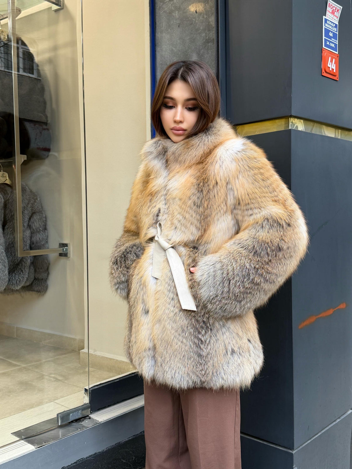 Women’s Golden Fox Fur Coat: Handmade Long Luxury Frost Fox Fur Jacket