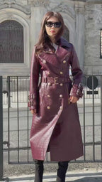 Burgundy Croco Print Leather Trench Coat: Handmade Military Style Outerwear