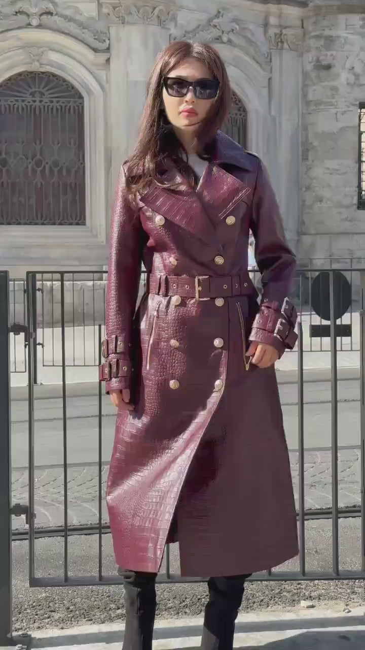 Burgundy Croco Print Leather Trench Coat: Handmade Military Style Outerwear