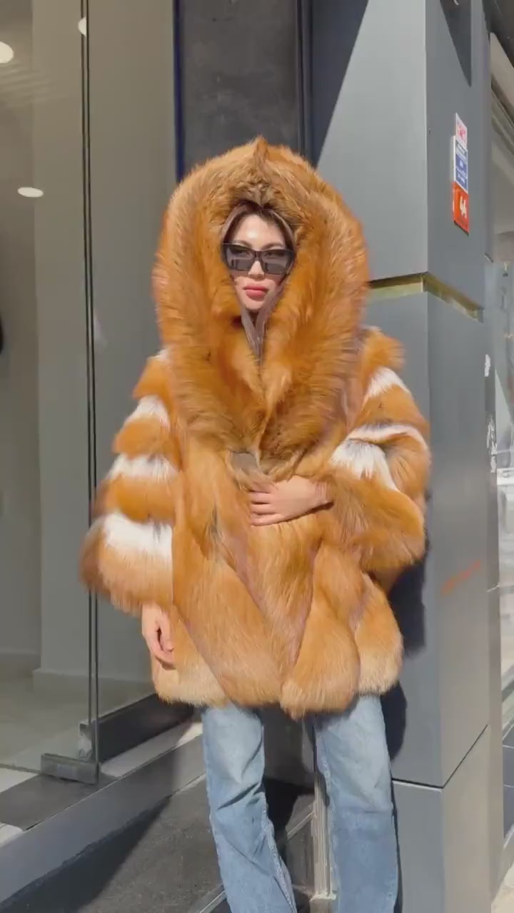 Women’s Golden Red Fox Fur Jacket - Luxury Winter Hooded Gold Fox Fur Cape