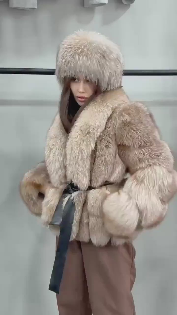 Women’s Caramel Beige Fox Fur Jacket, Luxury Belted Frost Fur Coat