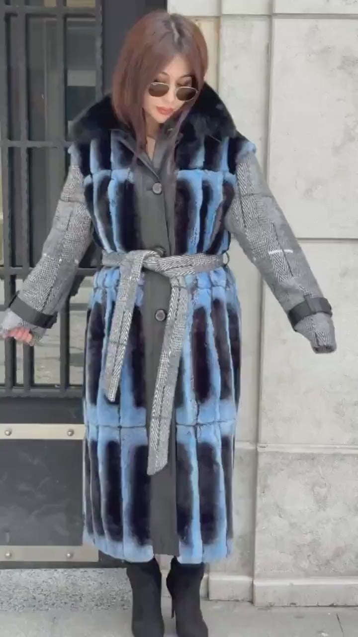 Luxury Handmade Rex Fur Patchwork Coat with Fox Fur Collar | Blue Black Women Long Winter Coat Handmade Wool Leather Details | Gift For Her