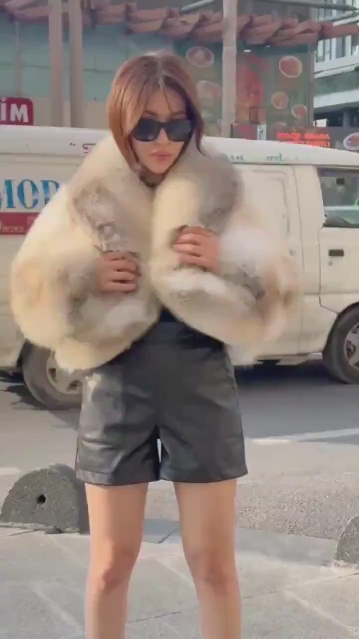 Gold Fox Fur Jacket, Women Short Fox Fur Coat..- Cropped Fox Fur Jacket