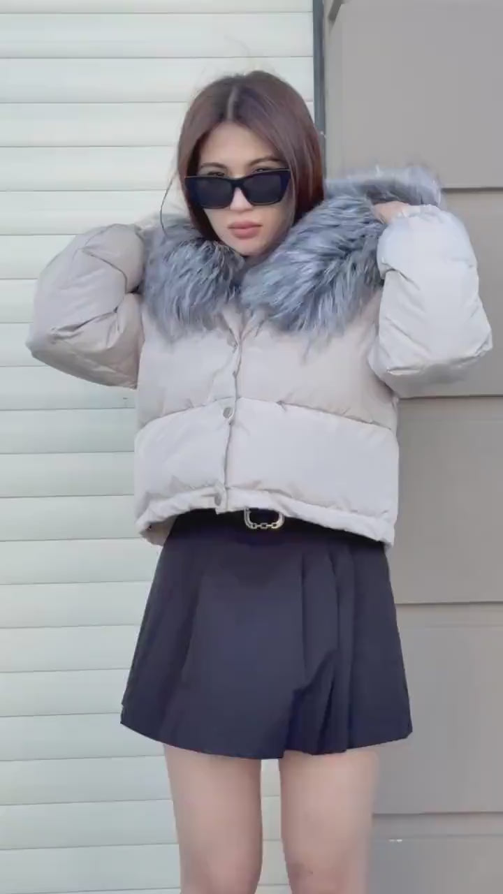 Women’s Beige Short Puffer Coat: Handmade Hood - Frost Fox Fur Jacket