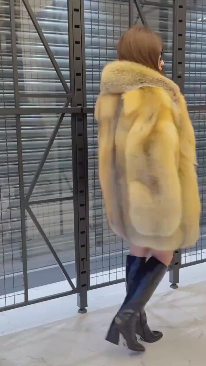 Unisex Gold Fox Fur Coat, Luxury Handmade Winter Fur Jacket