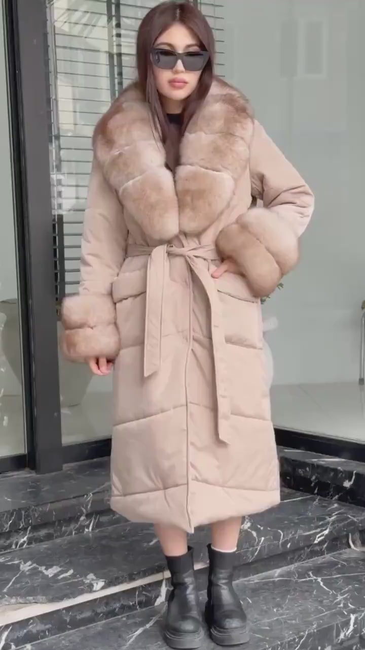 Beige Puffer Coat, Women’s Handmade Long Collar Cuffs Fox Fur Jacket