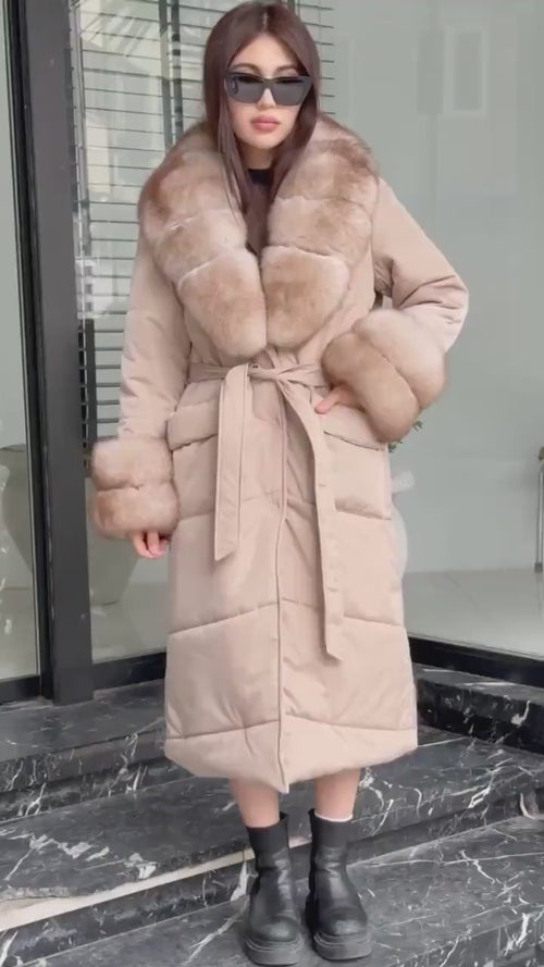 Beige Puffer Coat, Women’s Handmade Long Collar Cuffs Fox Fur Jacket
