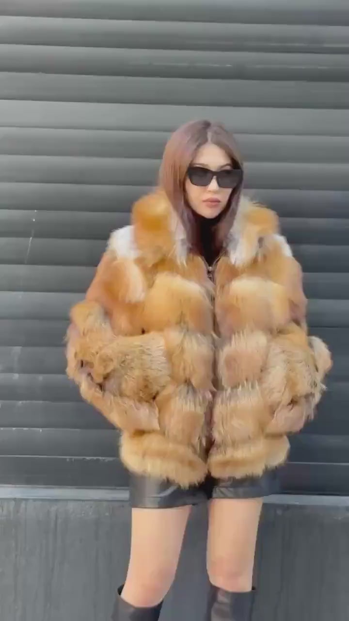 Women’s Golden Fox Fur Jacket, Handmade Short Luxury Red Fox Fur Coat