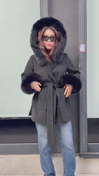 Women’s Black Cashmere Coat, Handmade Short Hood Cuffs - Fox Fur Jacket