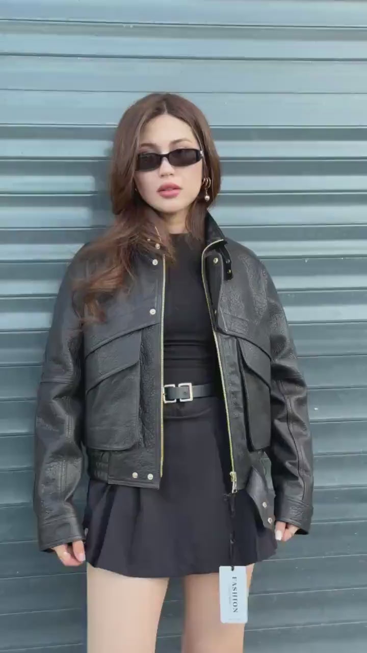 Black Women’s Leather Jacket | Short Jumbo Leather Jacket