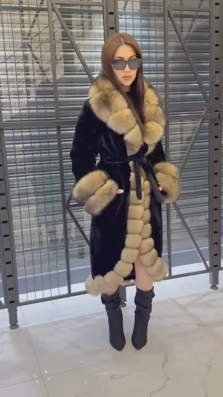 Black Long Alcantara Coat. Front & Cuffs Fox Fuf Jacket, Women Fox Fur Jacket. Brown Fox Fur Coat./ Fox Fur