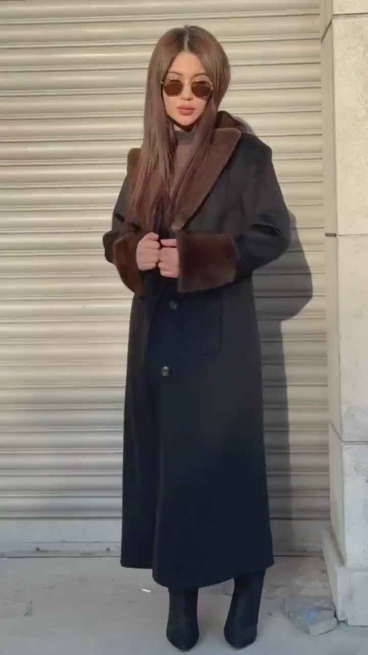 Black Long  Zibellino Alpaca Coat, Womens Handmade Collar cuffs Mink Fur Virgin Wool Jacket