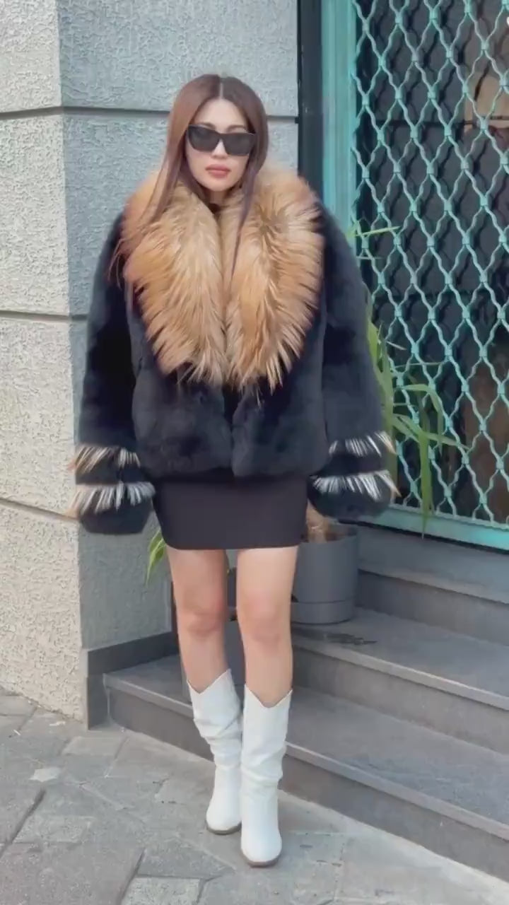 Black Fox Fur Jacket, Collar Golden Fox Fur Jacket..- Argentina Fox Fur Coat./ Women Fox Fur Jacket..- Premium Fox Fur
