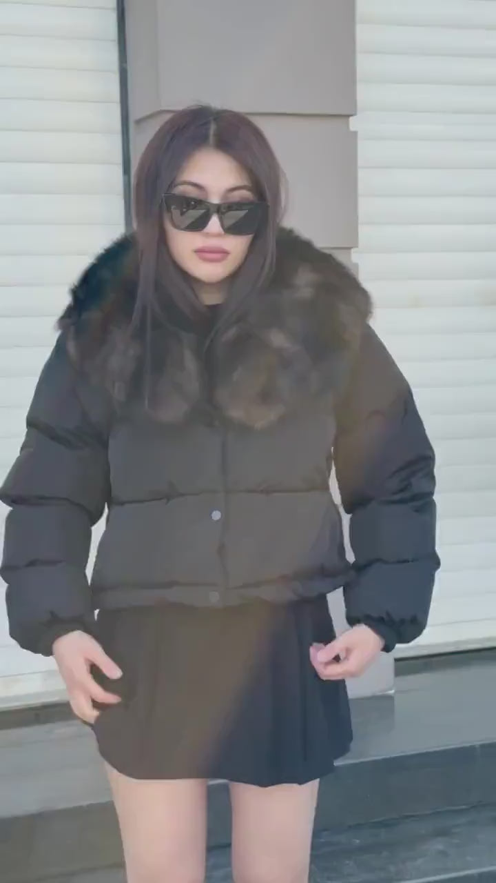 Women’s Black Short Puffer Coat: Collar Detachable Sable Color Fox Fur Jacket