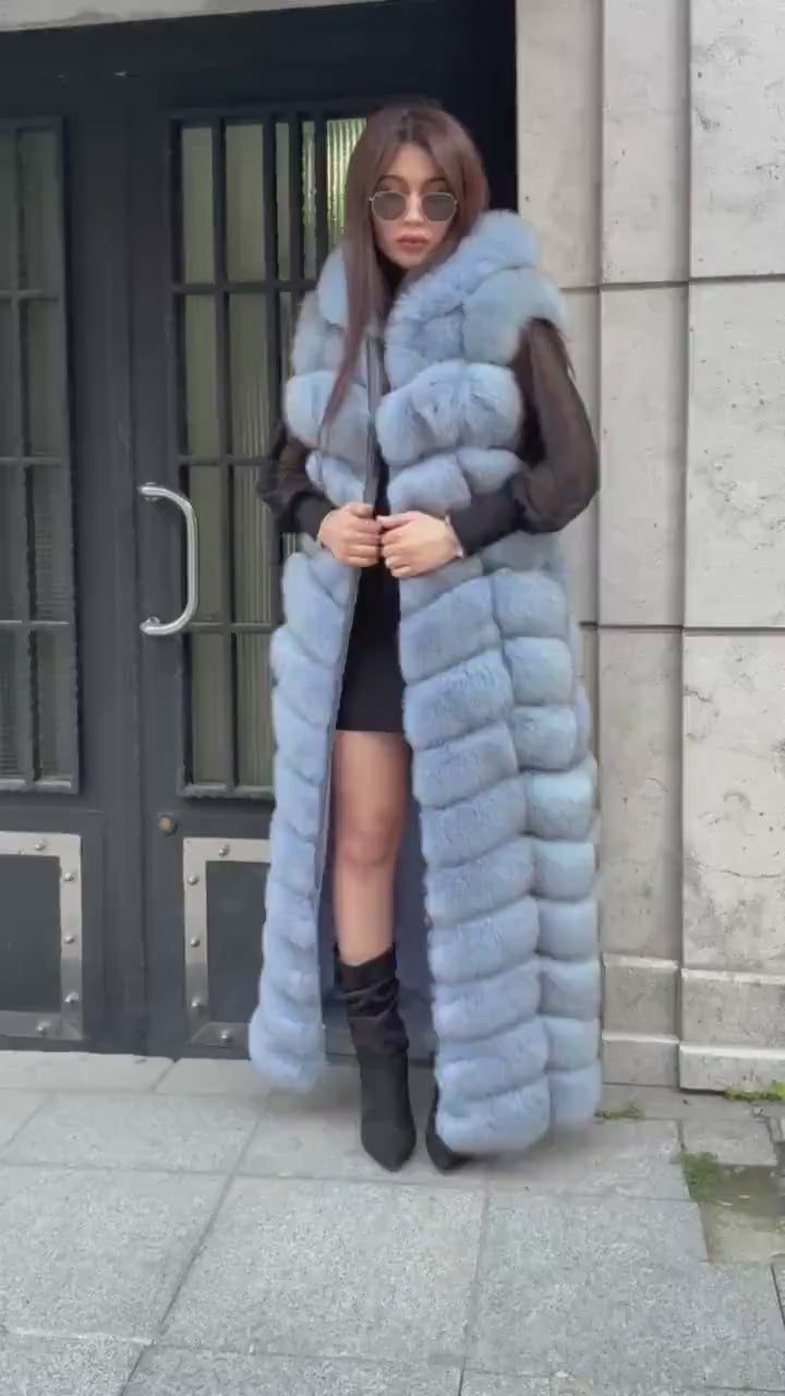Blue Long Fox Fur Vest, Fox Fur Gilet, Beige Fox Fur Vest, Women Fox Fur Jacket, Long Fox Fur Jacket_- Fox Fur