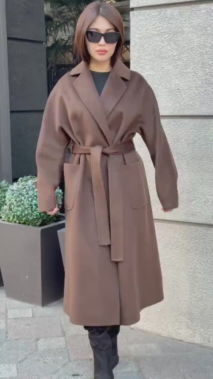 Brown Zibellino Alpaca Coat, Handmade Luxury Long Virgin Wool Overcoat, Plus Size Jacket